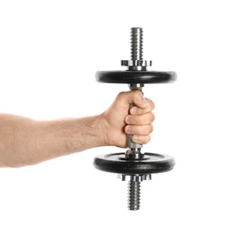 Photo of Male athlete holding metal dumbbell on white background