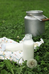 Photo of Bottles and can with fresh milk on green grass outdoors