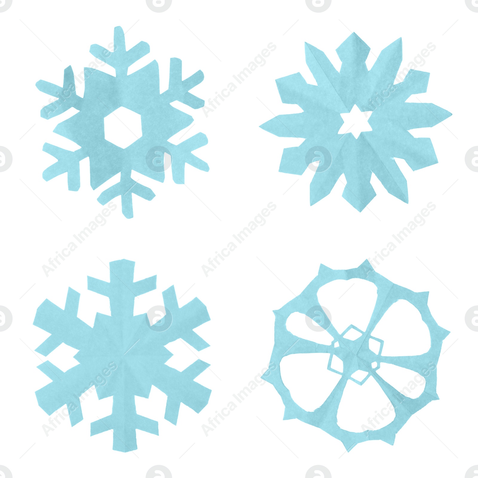 Image of Set of beautiful paper snowflakes on white background 