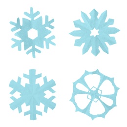 Image of Set of beautiful paper snowflakes on white background 