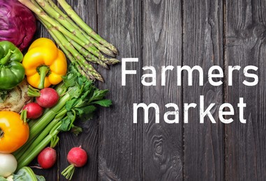 Image of Flat lay composition with assortment of fresh vegetables on wooden table. Farmers market