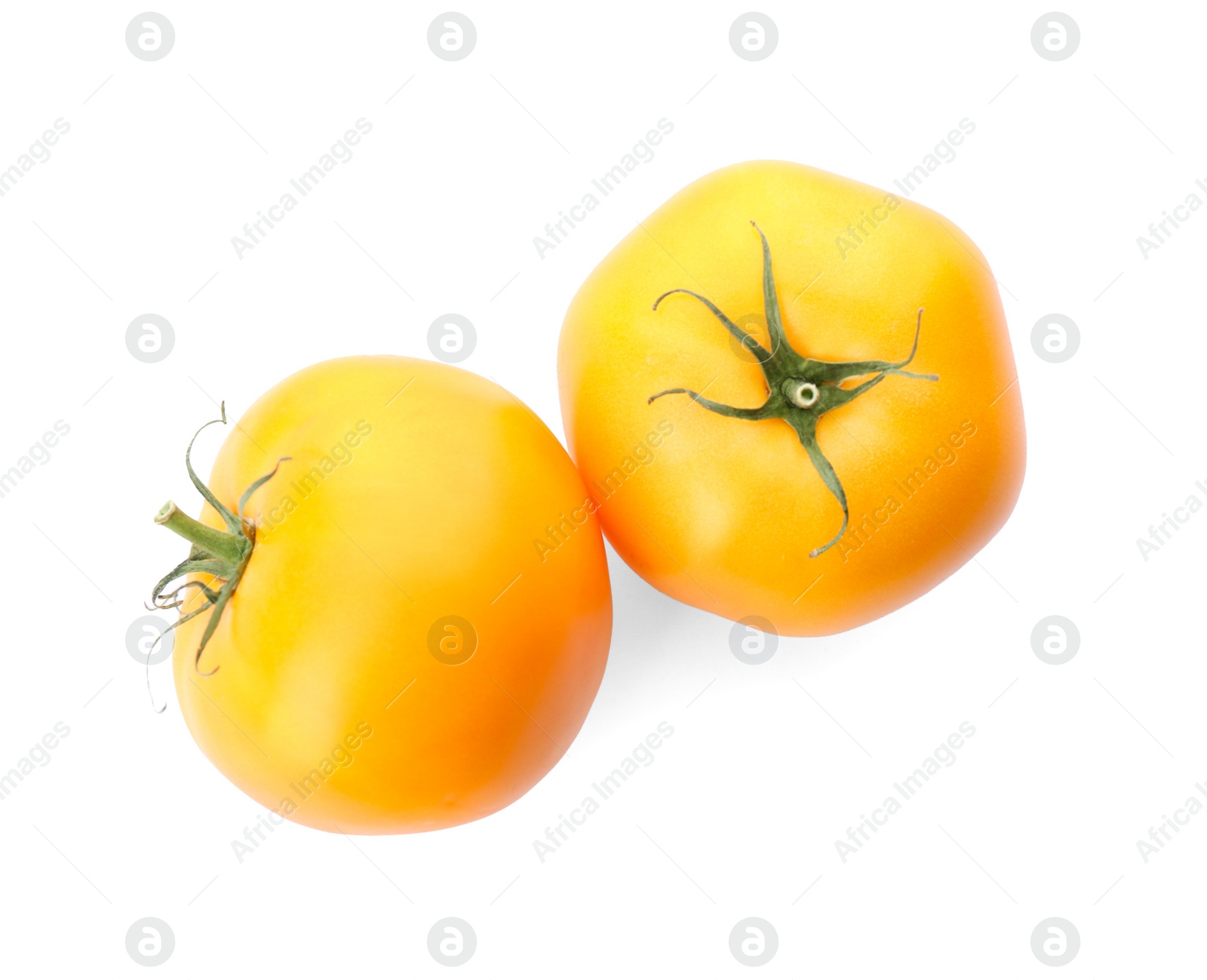 Photo of Delicious ripe yellow tomatoes isolated on white, top view