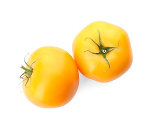 Photo of Delicious ripe yellow tomatoes isolated on white, top view