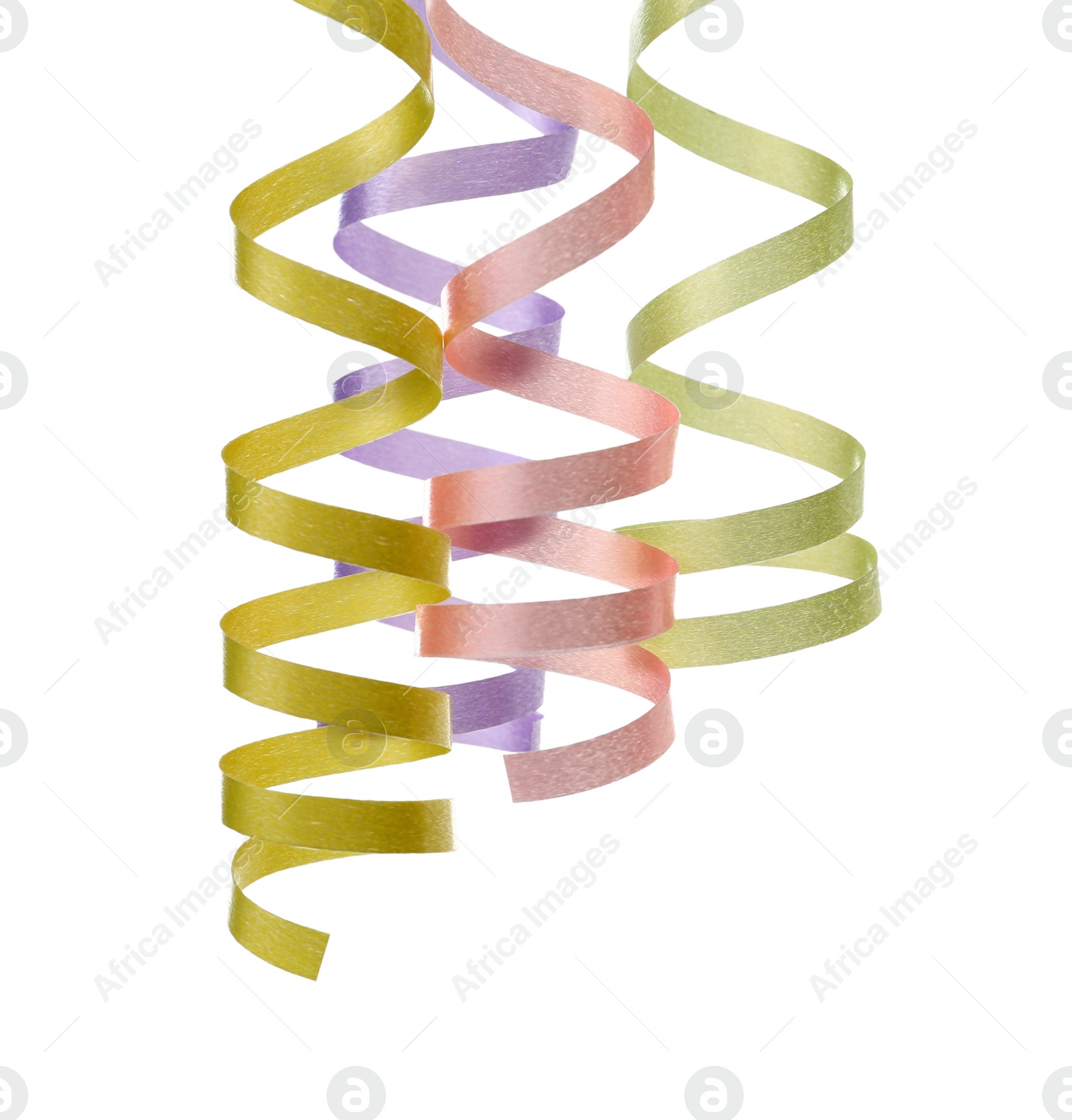 Photo of Many colorful serpentine streamers on white background