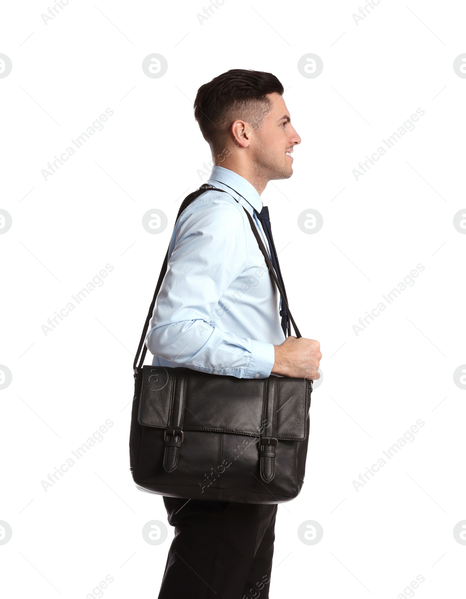 Photo of Businessman with stylish leather briefcase on white background