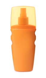 Photo of Orange plastic bottle of cosmetic product isolated on white