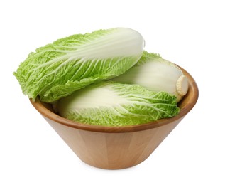 Photo of Fresh tasty Chinese cabbages in bowl on white background