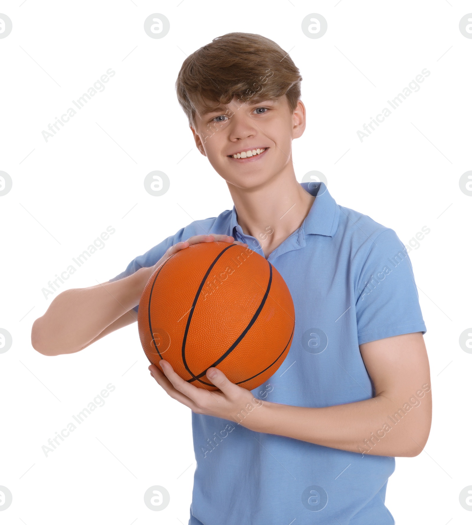 Photo of Teenage boy with basketball ball on white background