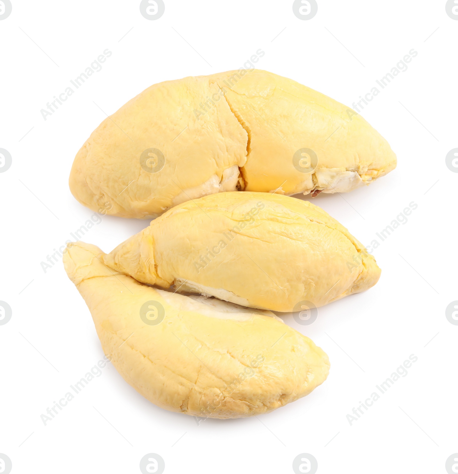 Photo of Pieces of fresh ripe durian on white background, top view