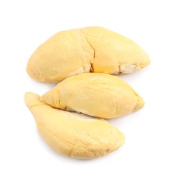 Photo of Pieces of fresh ripe durian on white background, top view