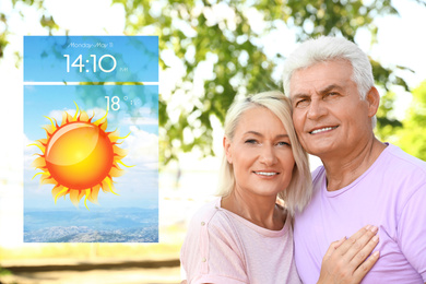 Image of Senior couple on city street and weather forecast widget. Mobile application