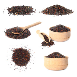 Image of Set of raw black quinoa on white background