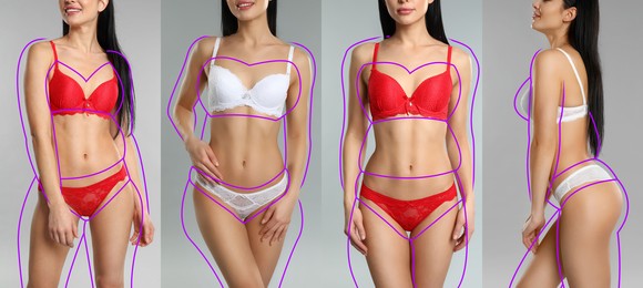 Image of Collage with photos of slim young woman wearing beautiful underwear on light grey background, banner design. Illustrations of lines around lady before weight loss