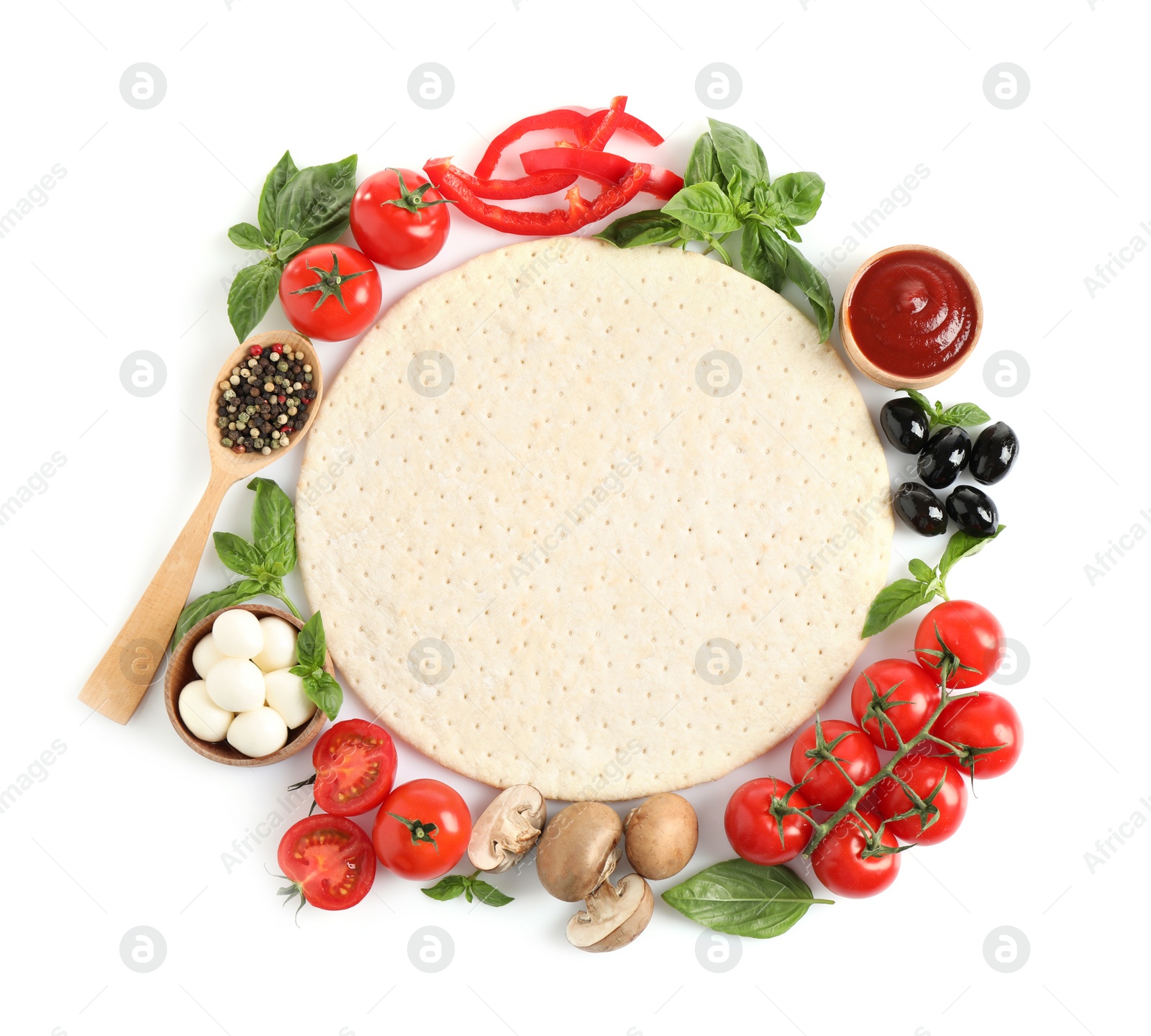 Photo of Composition with pizza crust and fresh ingredients on white background, top view