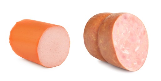 Image of Collage with different delicious sausages on white background