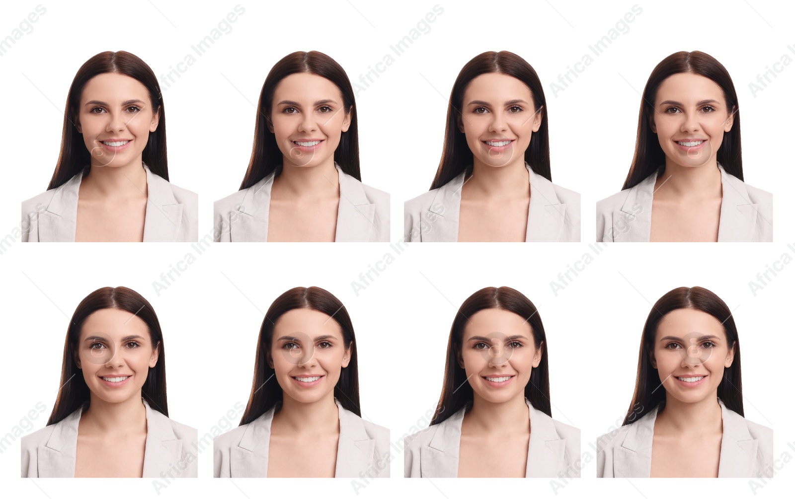 Image of Passport photo, collage. Woman on white background, set of photos