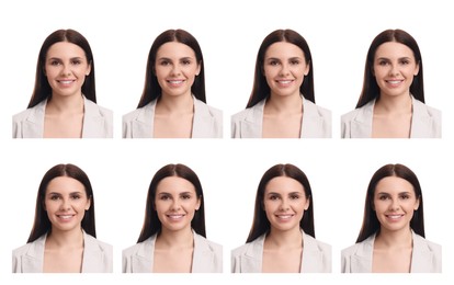 Passport photo, collage. Woman on white background, set of photos