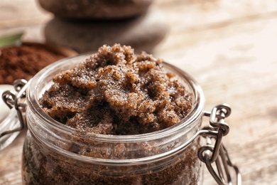 Jar with handmade natural body scrub, closeup