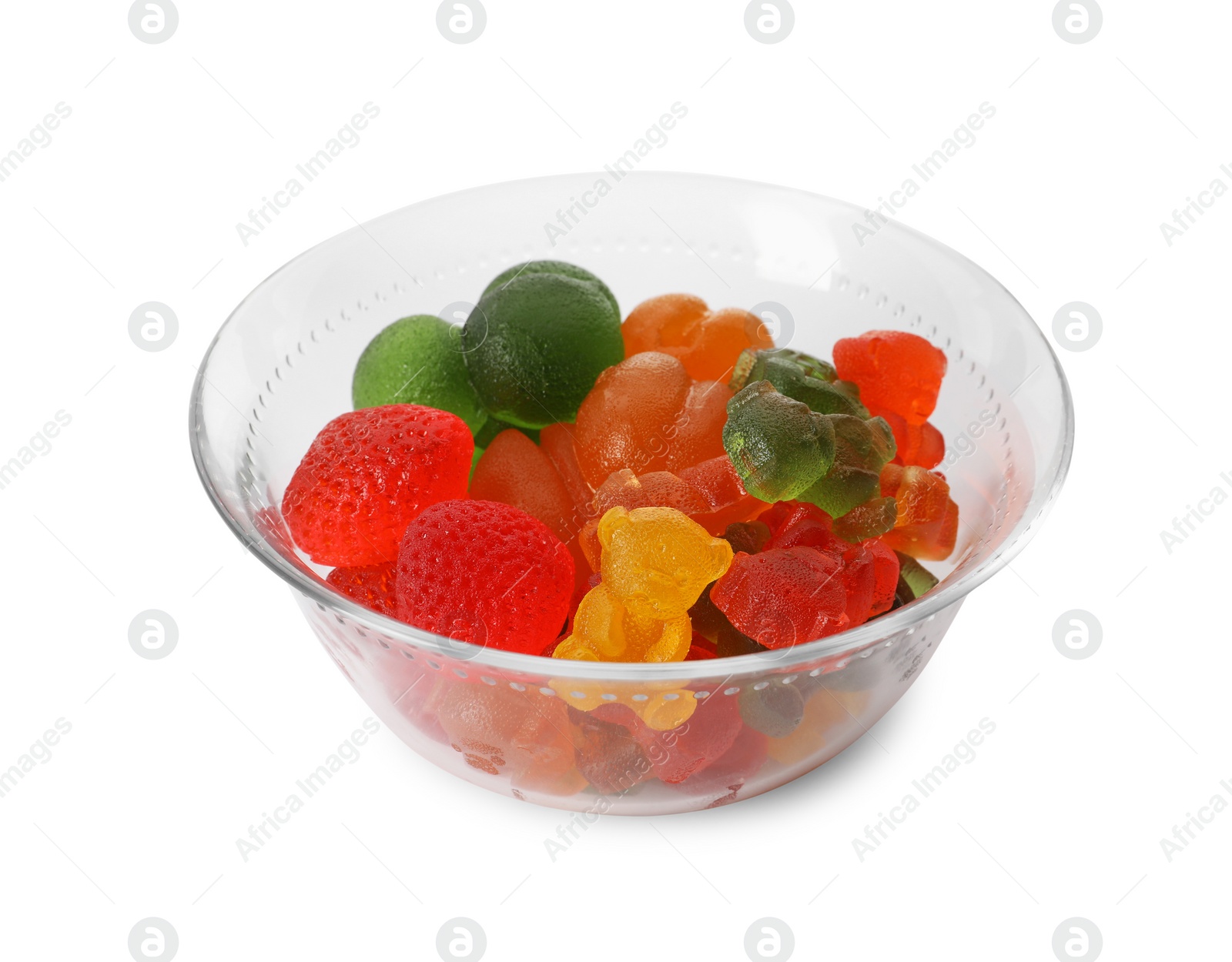 Photo of Different delicious gummy candies in glass bowl on white background