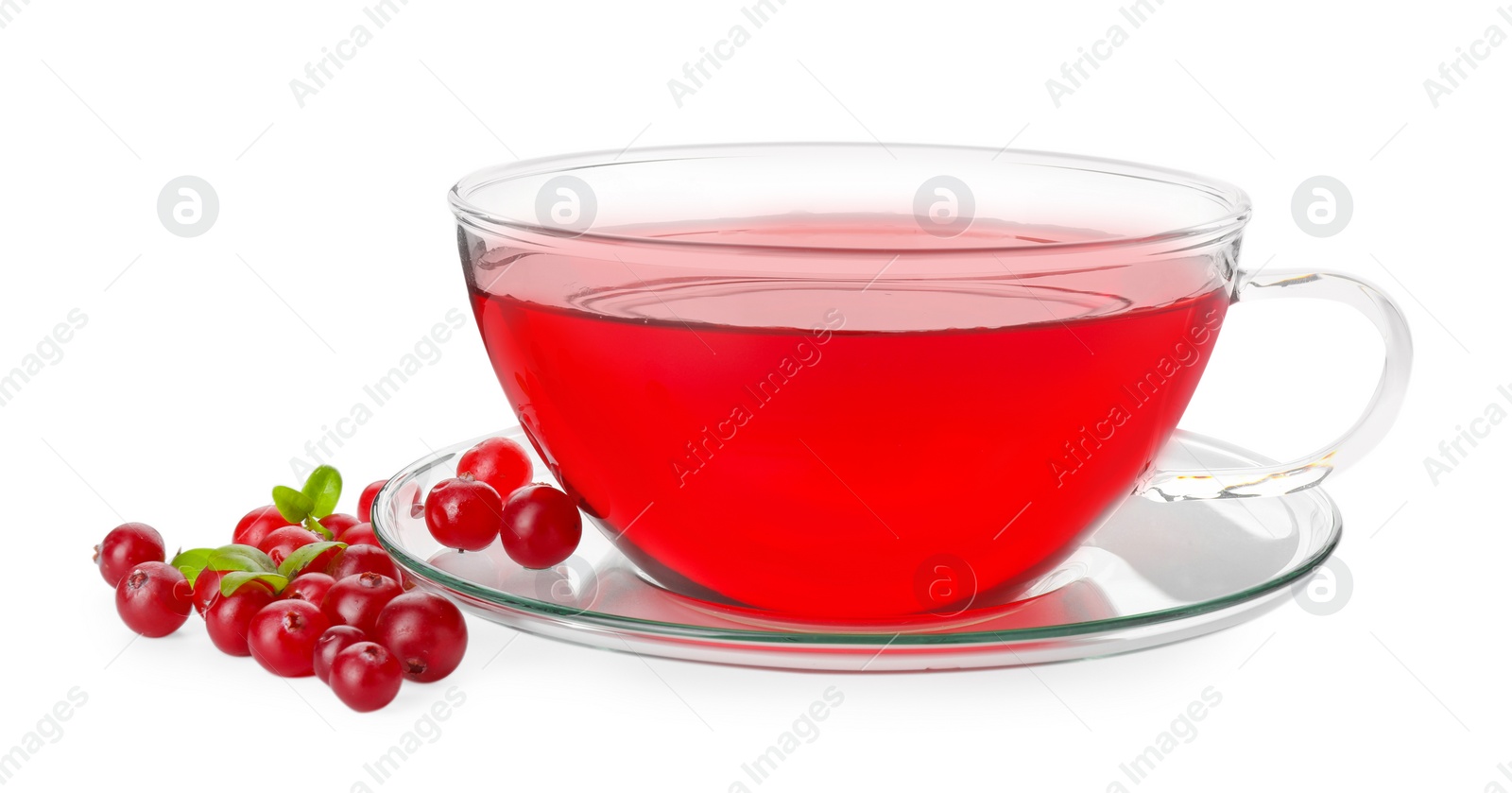 Photo of Cup of delicious cranberry tea and berries isolated on white