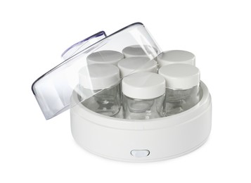 Modern yogurt maker with empty jars on white background