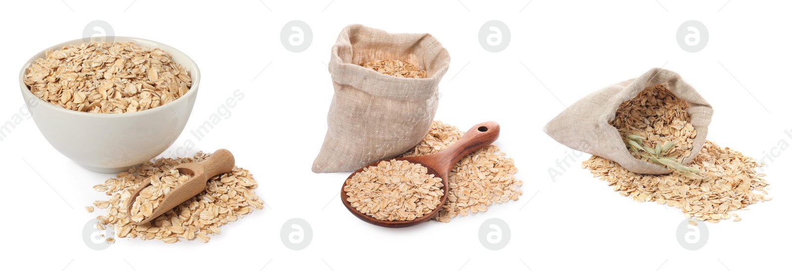 Image of Rolled oats in bowl and bags isolated on white, collection