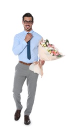 Photo of Young handsome man with beautiful flower bouquet on white background