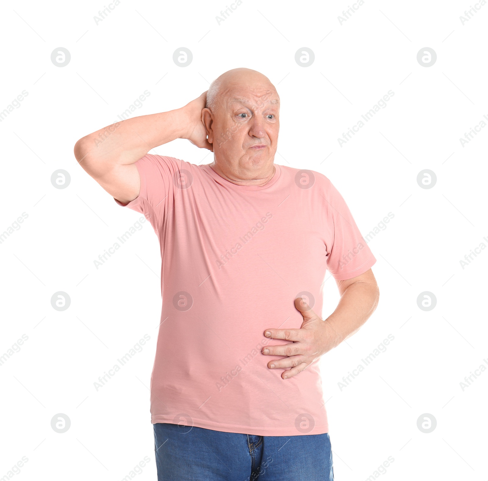 Photo of Fat senior man on white background. Weight loss