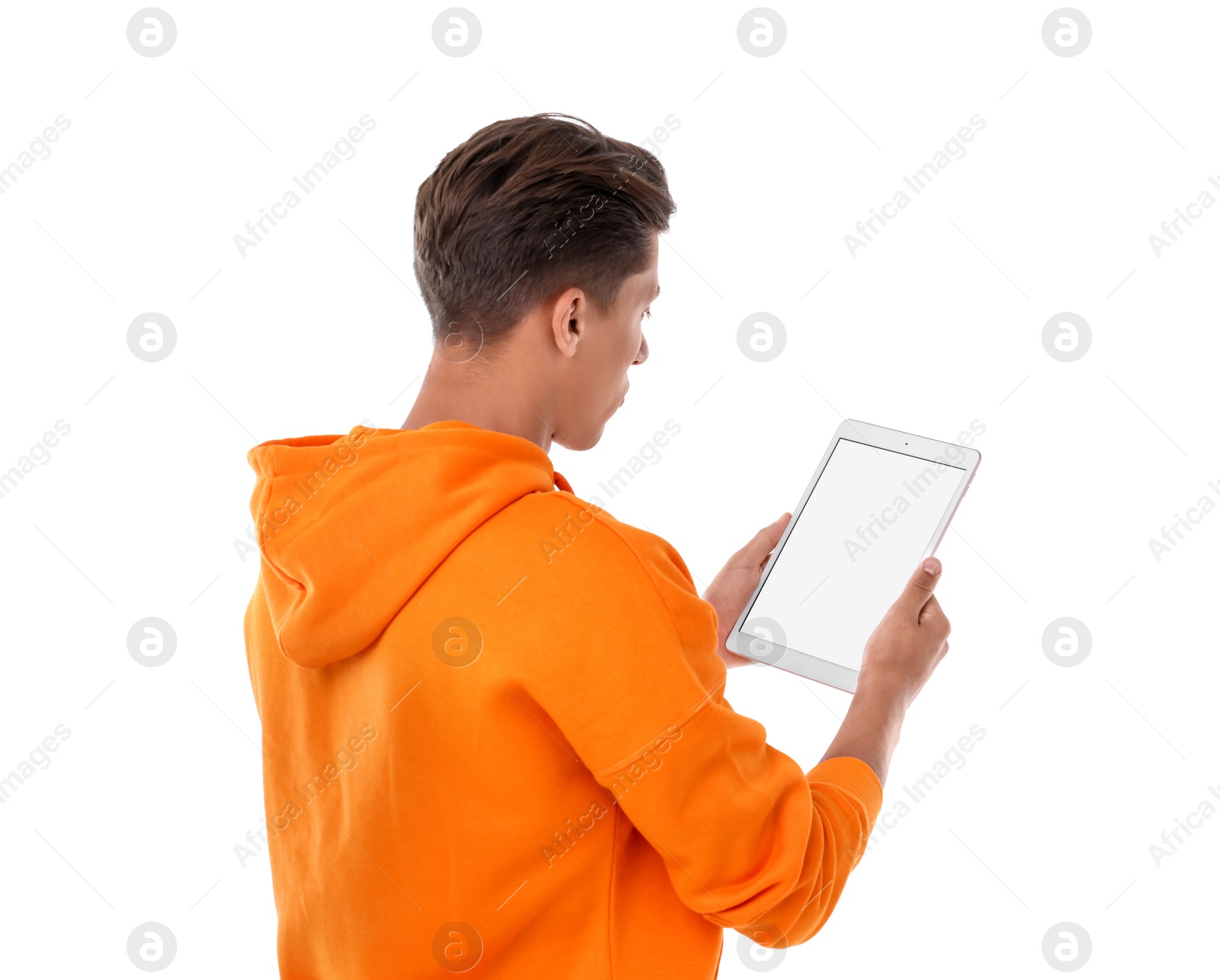 Photo of Man using tablet with blank screen on white background