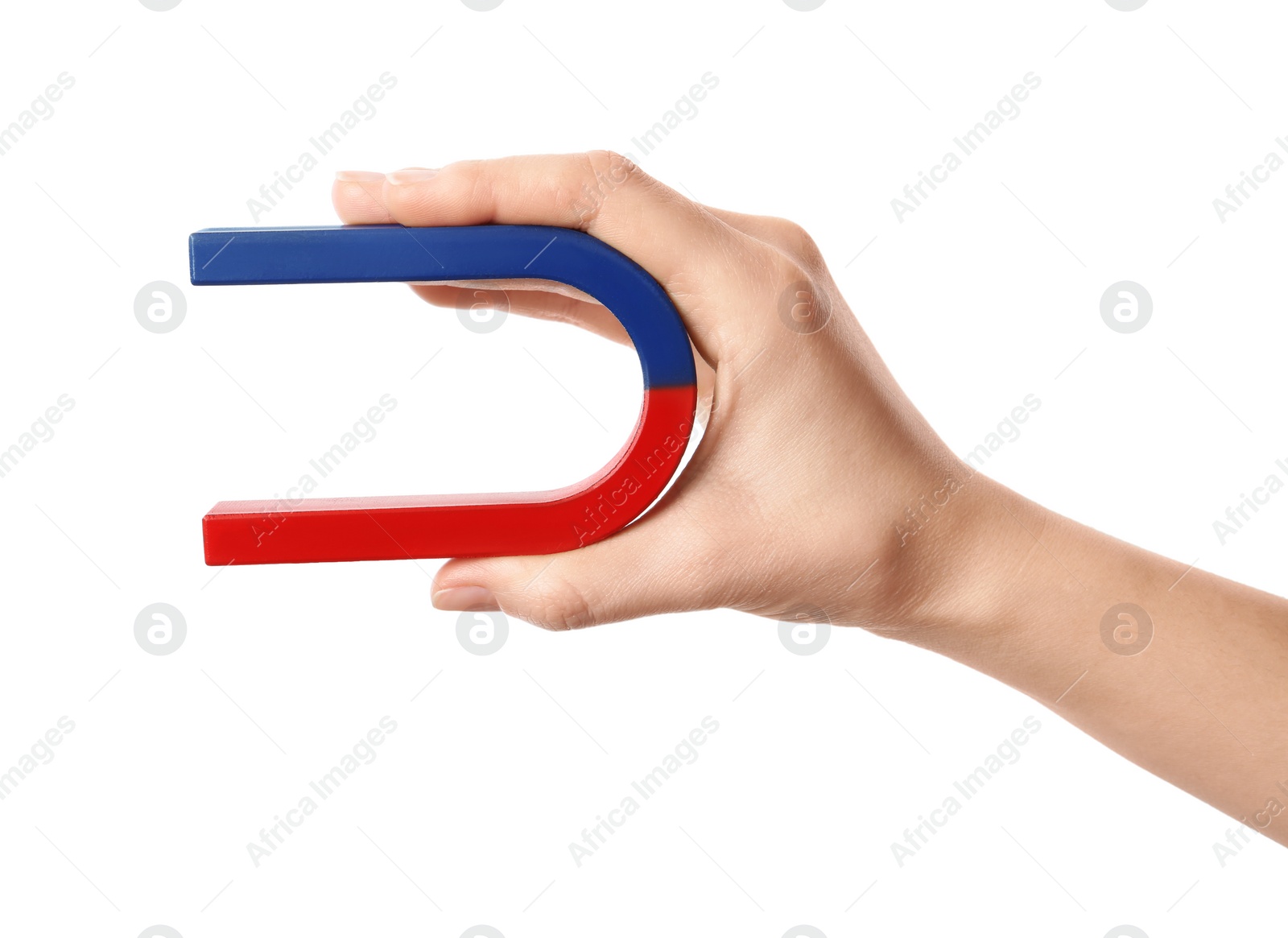 Photo of Woman holding magnet on white background, closeup