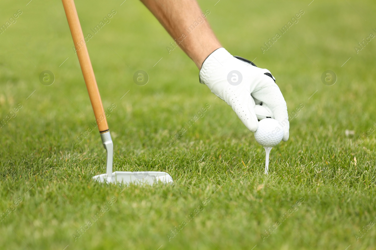 Photo of Man playing golf on green course. Sport and leisure