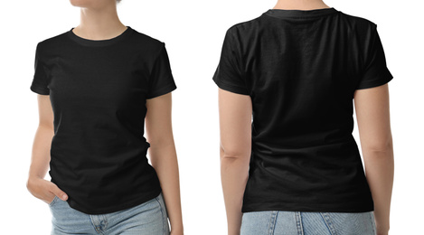 Woman in black t-shirt on white background, closeup with back and front view. Mockup for design