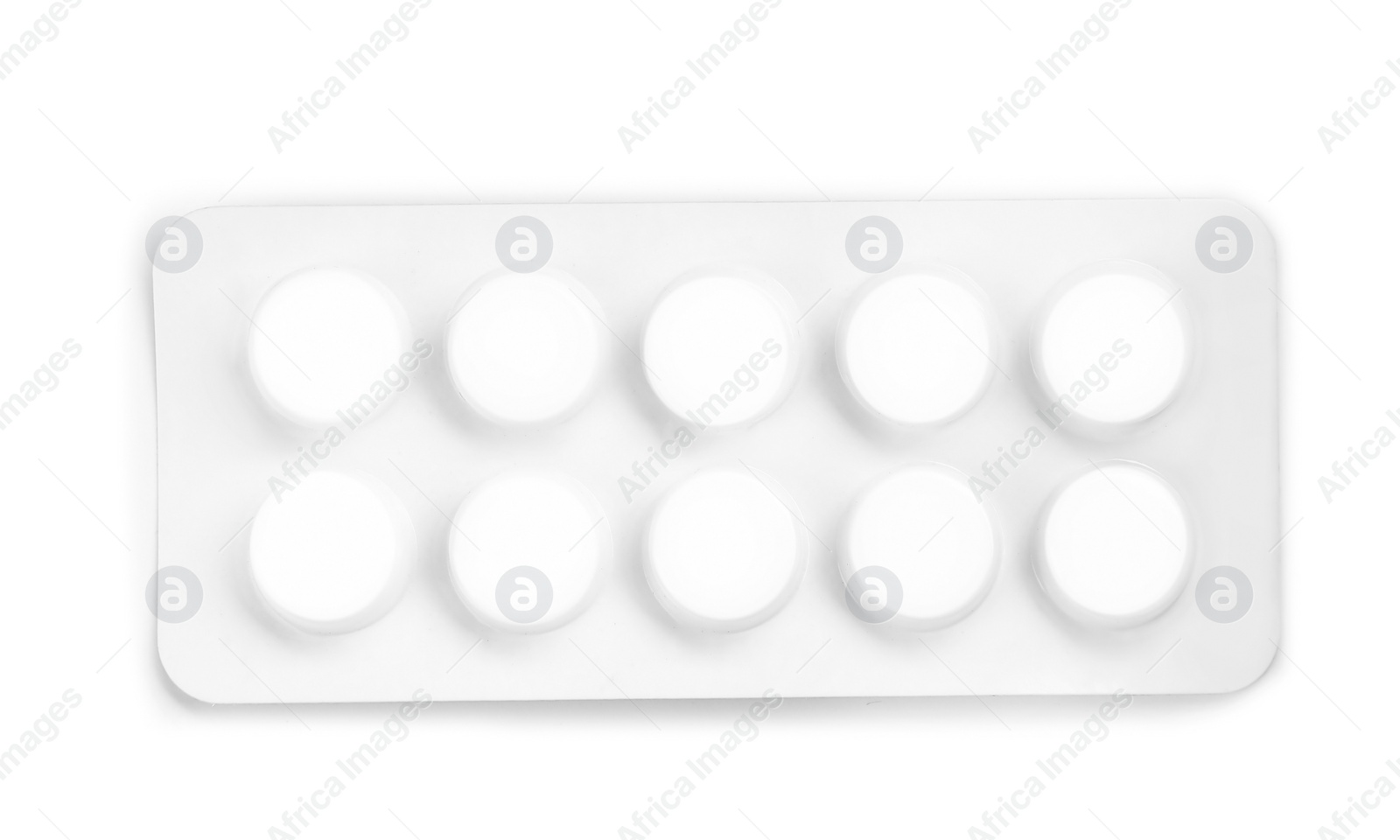 Photo of Pills in blister pack on white background, top view. Medical treatment