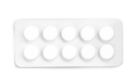 Photo of Pills in blister pack on white background, top view. Medical treatment