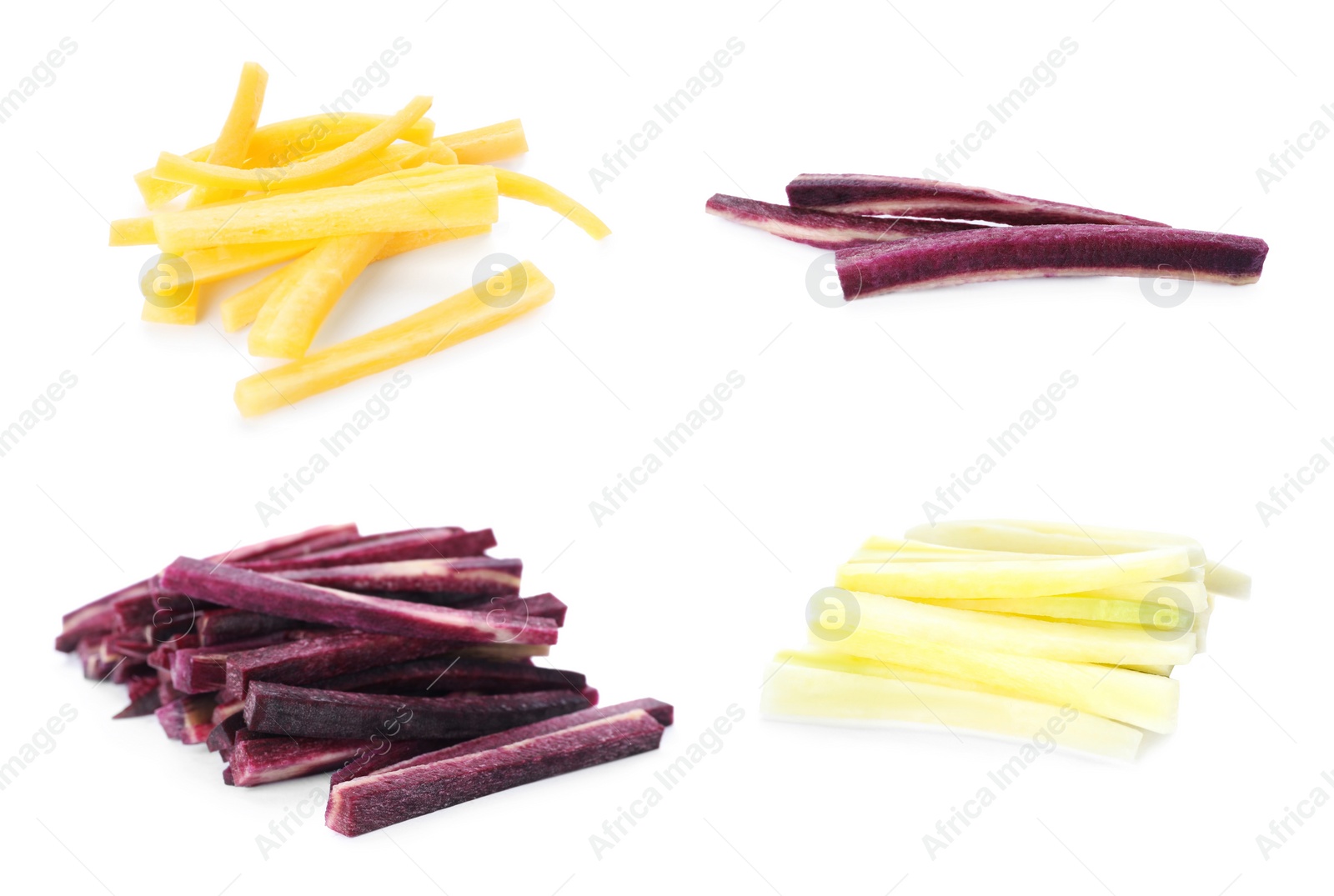 Image of Set with pieces of different carrots on white background