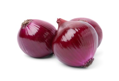 Many fresh red onions on white background