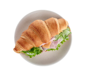 Plate with tasty croissant sandwich isolated on white, top view