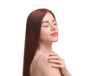 Portrait of beautiful woman on white background