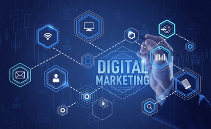 Image of Digital marketing. Businessman touching virtual screen with icons, closeup. Banner design