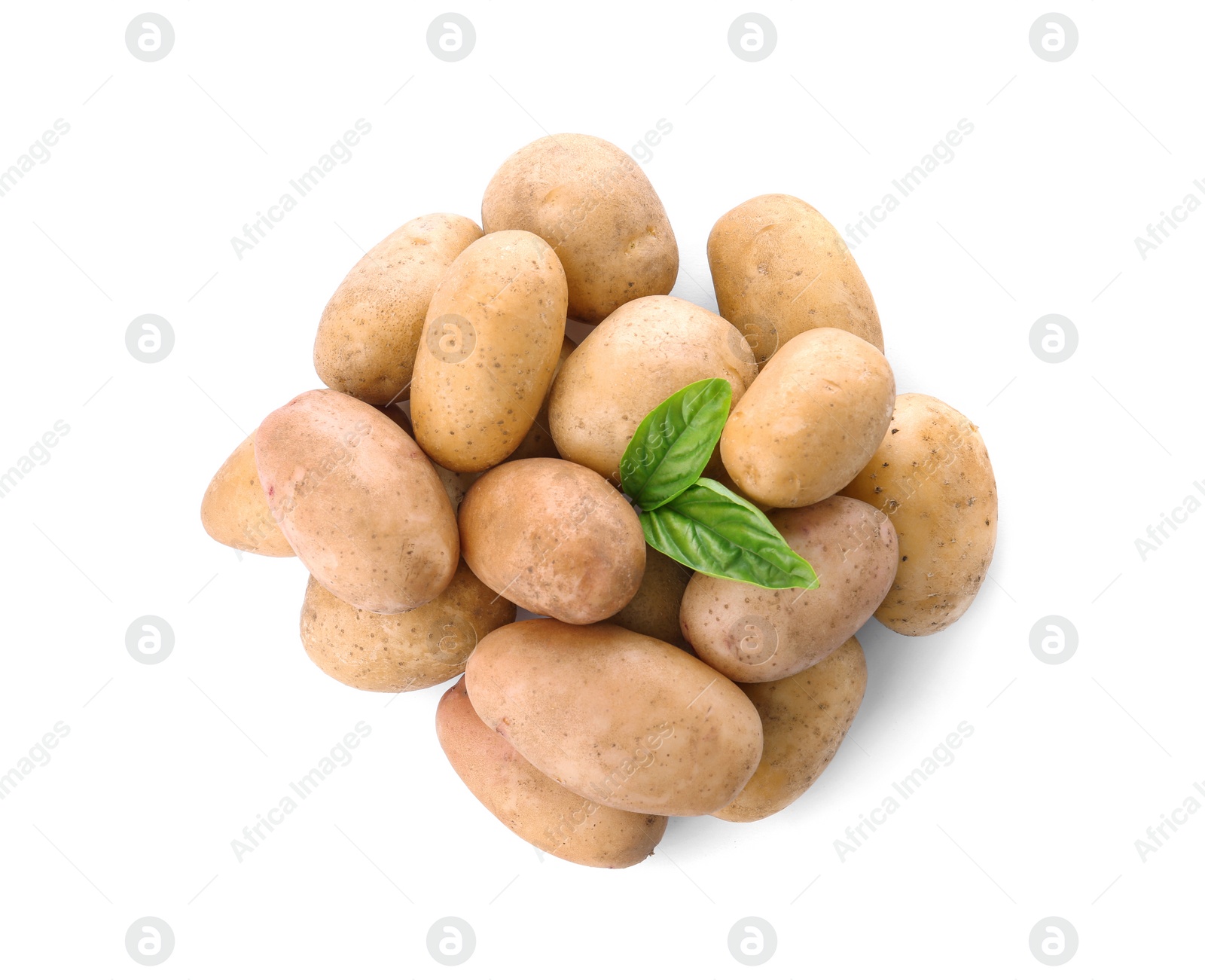 Photo of Fresh ripe organic potatoes on white background, top view