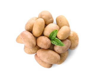 Photo of Fresh ripe organic potatoes on white background, top view