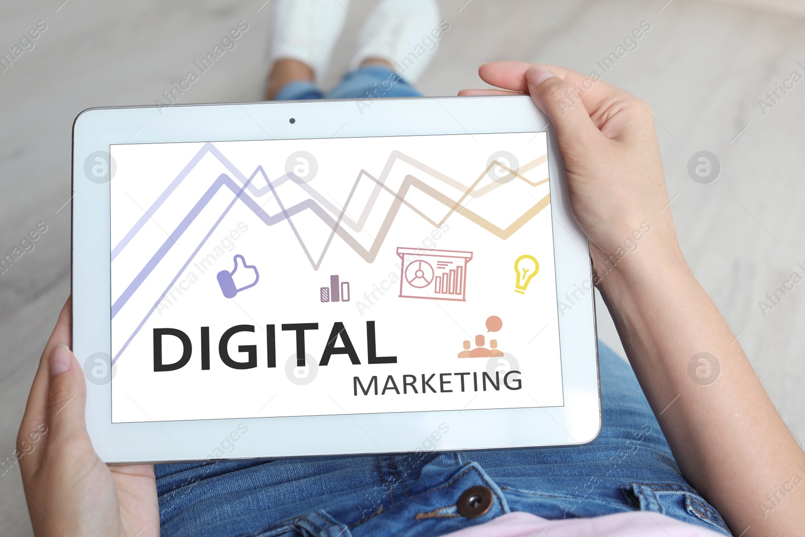 Digital marketing concept. Woman using modern tablet, closeup Image of Digital marketing concept. Woman using modern tablet, closeup