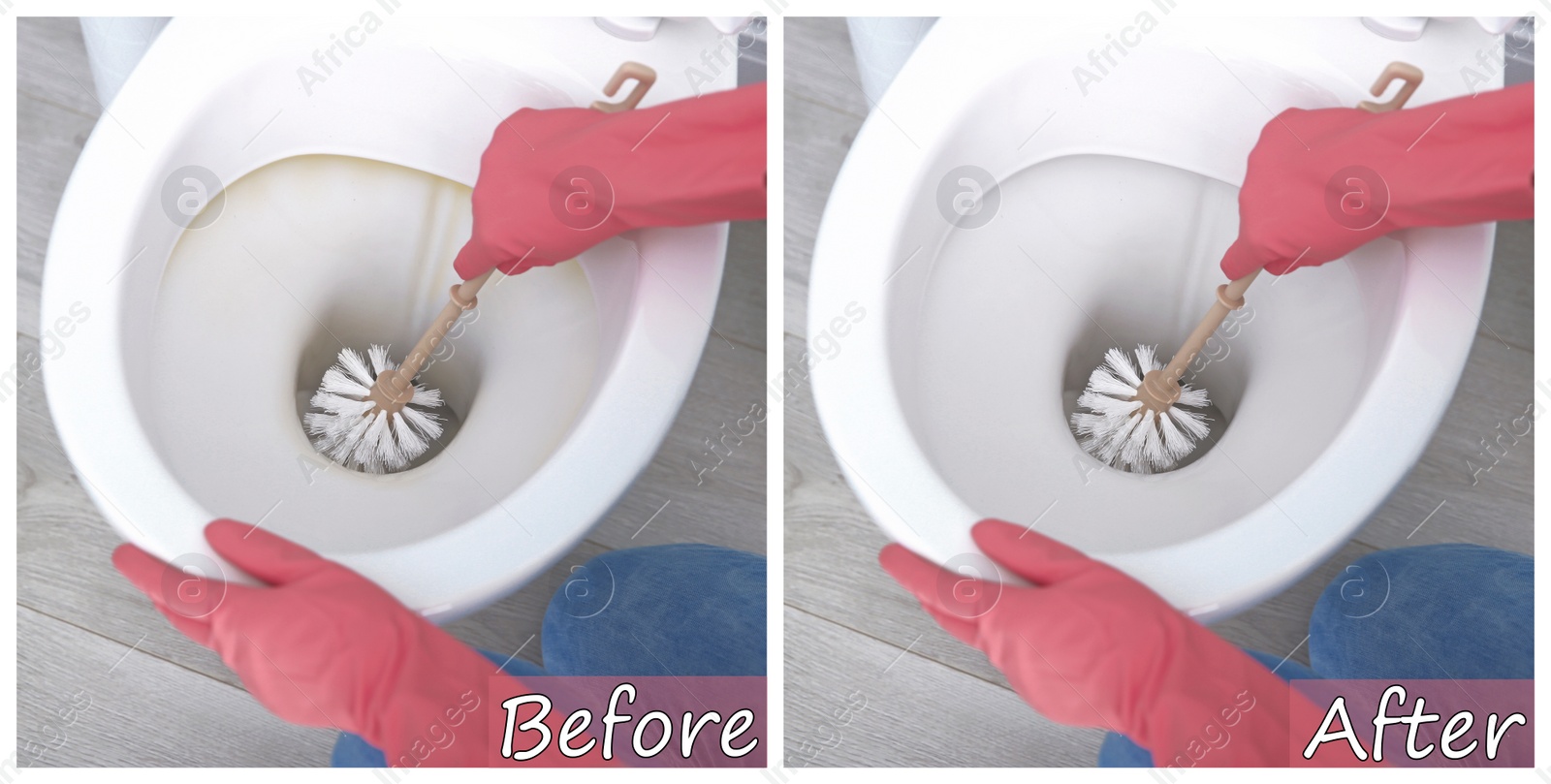 Image of Woman cleaning toilet bowl with brush in bathroom, closeup. Before and after 