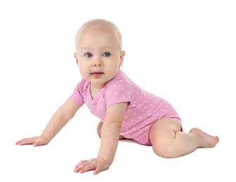 Cute little baby on white background. Crawling time