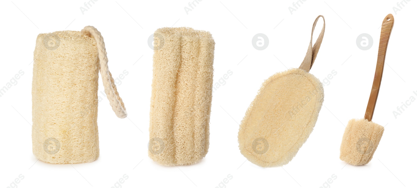 Image of Set with natural shower loofah sponges and brush on white background. Banner design