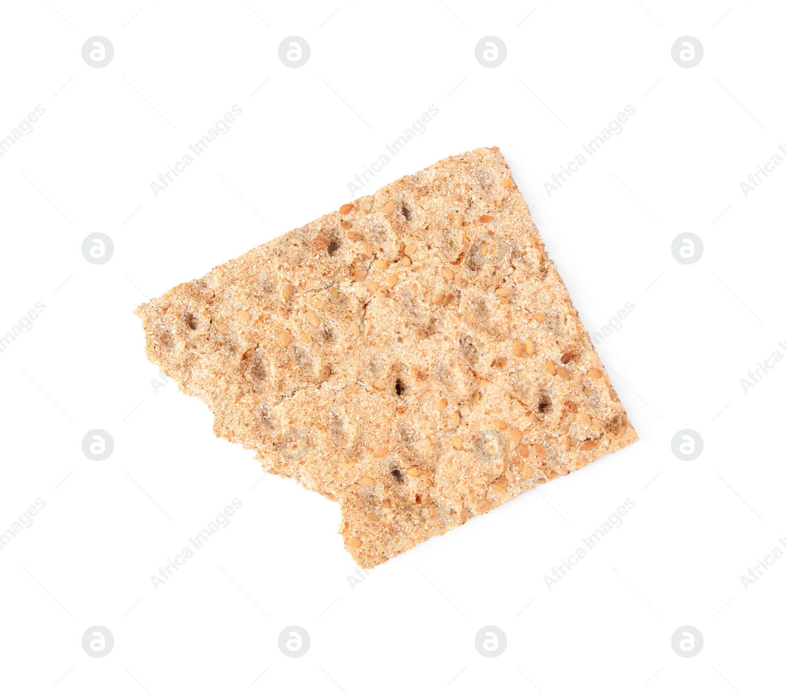 Photo of Piece of fresh crunchy crispbread on white background, top view