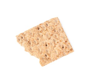 Piece of fresh crunchy crispbread on white background, top view