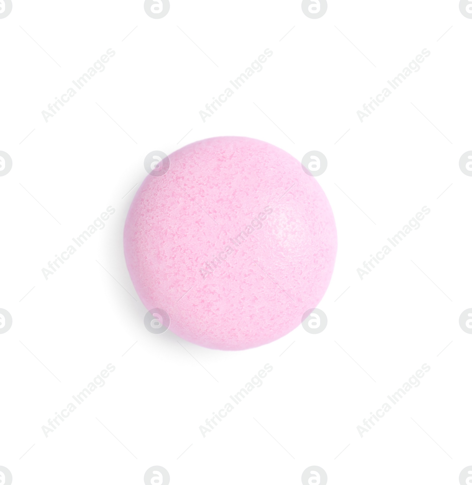 Photo of One tasty pink bubble gum isolated on white, top view