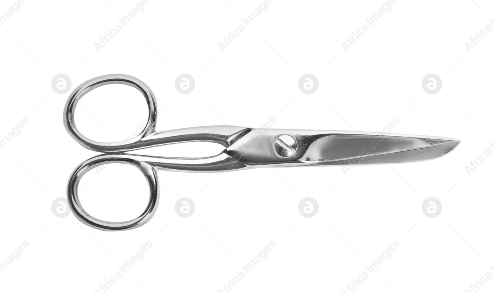 Photo of Pair of sharp sewing scissors on white background