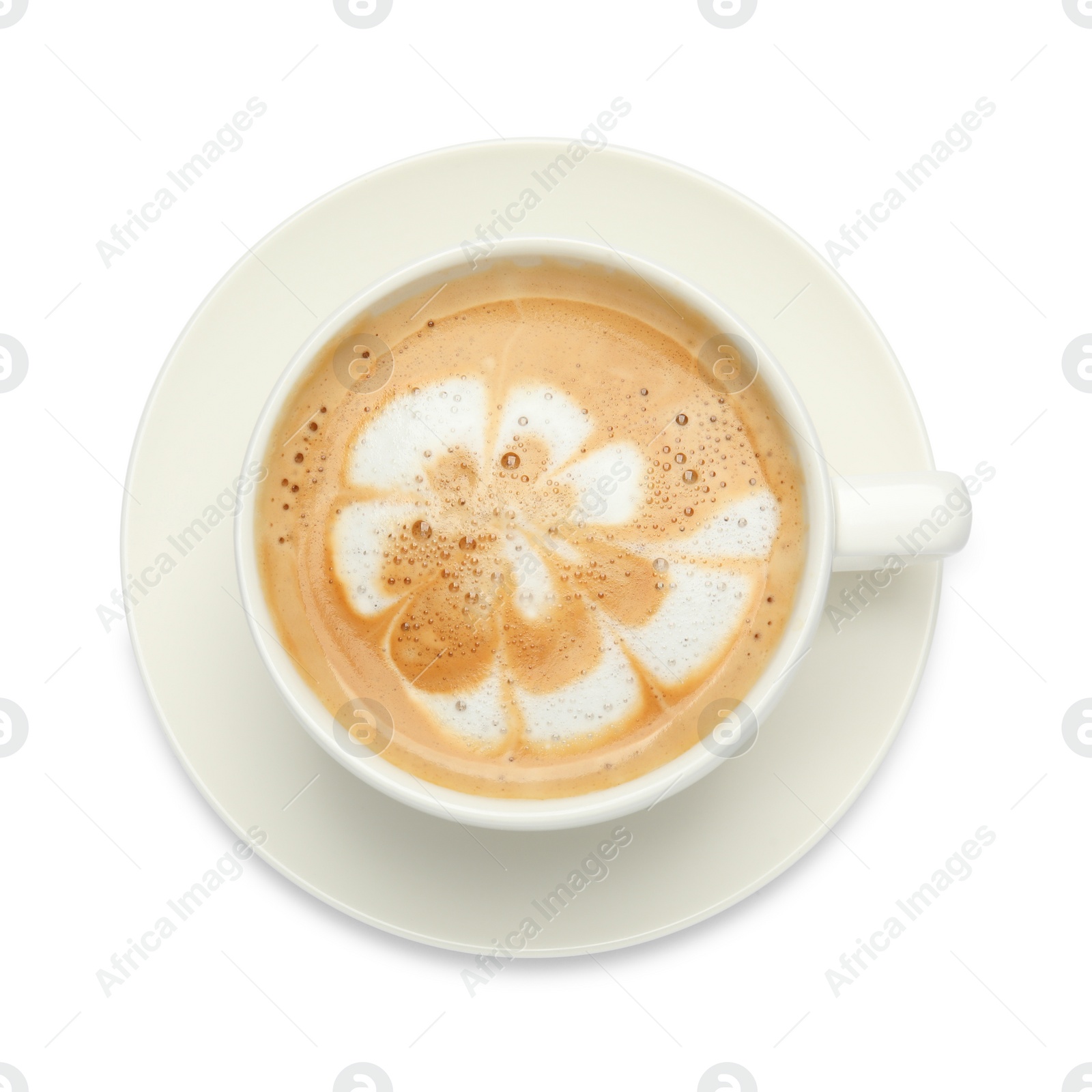 Photo of Cup of hot coffee isolated on white, top view